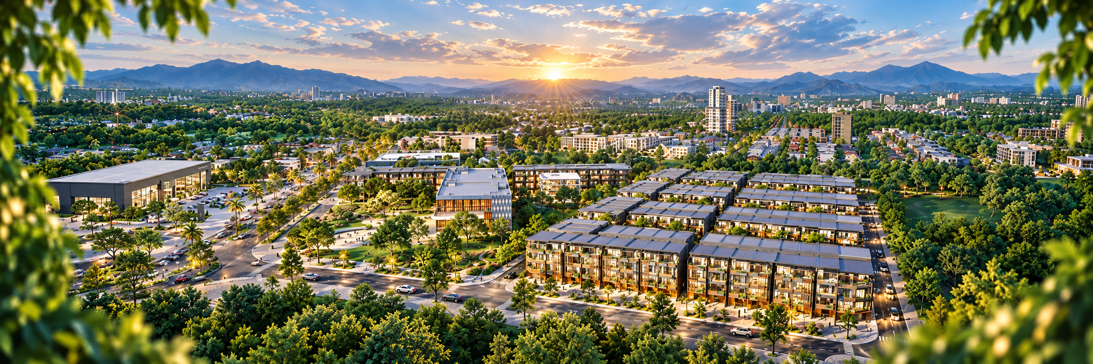 Khu đô thị xanh lúc hoàng hôn
